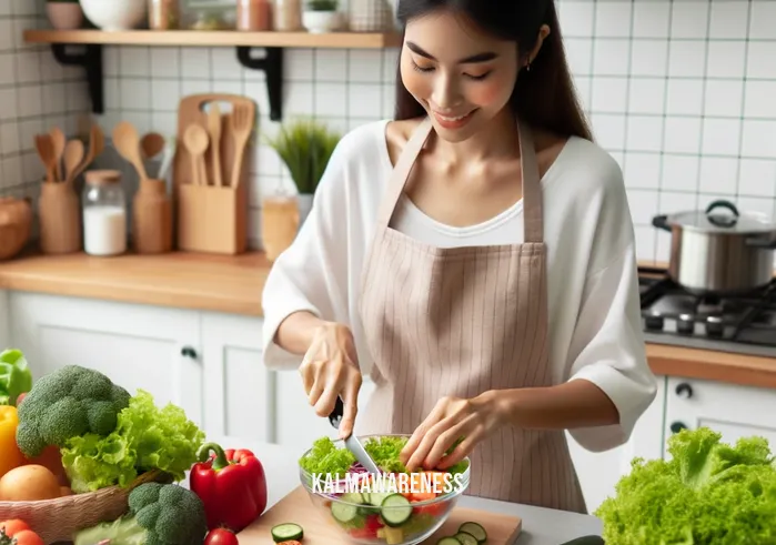 detox your heart _ Image: A person preparing a colorful salad with fresh vegetables and fruits in a well-organized kitchen. Image description: A person chopping vegetables and arranging a vibrant salad in a clean and organized kitchen.