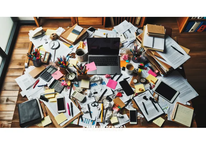words for small things _ Image: A cluttered and disorganized desk, covered in scattered papers, pens, and office supplies.Image description: A cluttered and disorganized desk, covered in scattered papers, pens, and office supplies.