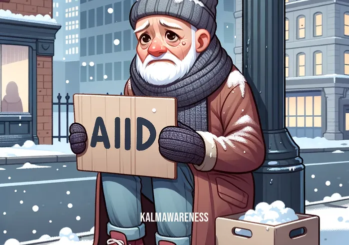 radical kindness _ Image: A homeless person sitting on a cardboard mat, holding a sign that says, "Need help, anything helps." Image description: A destitute individual seeking assistance on a cold sidewalk.