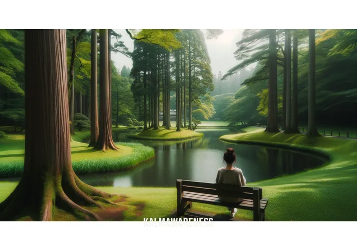 bored but at peace _ Image: A serene park with a person sitting alone on a bench, gazing at a tranquil pond. Image description: Finding solace in nature, as the person contemplates and seeks peace amidst the greenery.