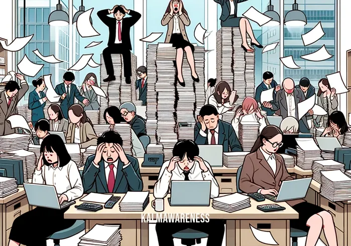 opposite of meditation _ Image: A chaotic office space filled with cluttered desks and stressed-out employees. Image description: An office environment with papers scattered, people frantically typing, and a sense of overwhelm.