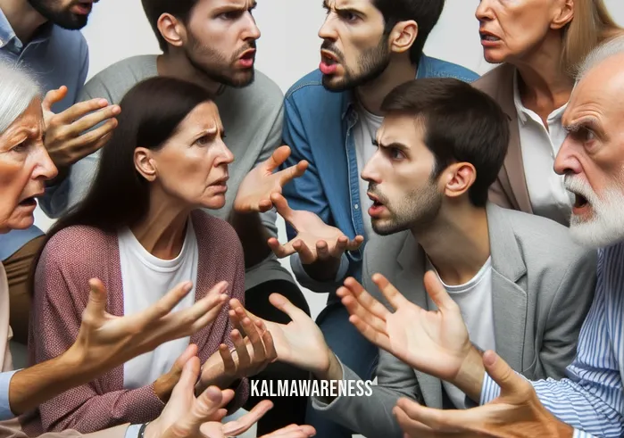 opposite of meditation _ Image: A group of people in a heated argument, gesturing angrily and not listening to each other. Image description: Individuals in a heated discussion, their faces filled with frustration and tension.