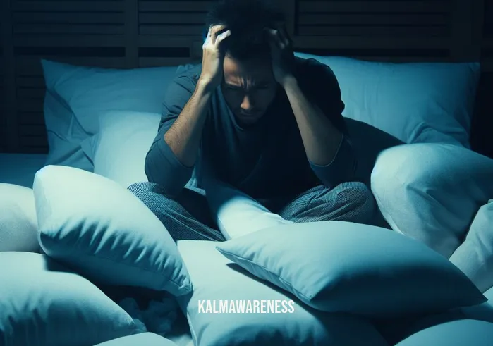 eft tapping for sleep _ Image: The same person sitting up in bed, looking frustrated and exhausted, surrounded by scattered pillows. Image description: Sleeplessness takes its toll, as frustration grows in the dimly lit room.