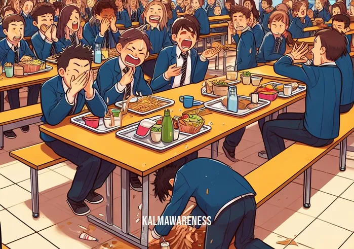 cringe moments _ Image: A crowded school cafeteria during lunchtime. Image description: Students cringing as a clumsy classmate spills their tray of food all over the floor.