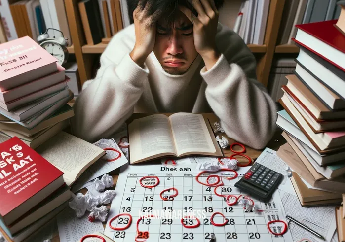 emotional maturity books _ Image: A cluttered desk with scattered self-help books, a stressed individual with a furrowed brow, and a calendar marked with deadlines.Image description: A disorganized workspace, books on emotional struggles, and a person overwhelmed by stress, symbolizing the initial problem of emotional immaturity.