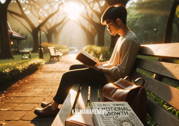 emotional maturity books _ Image: A serene park bench bathed in warm sunlight, a person engrossed in a book with a contemplative expression, and a journal with insightful reflections.Image description: A tranquil outdoor setting, someone immersed in a book about emotional growth, and a journal filled with reflections, illustrating the journey towards emotional maturity.