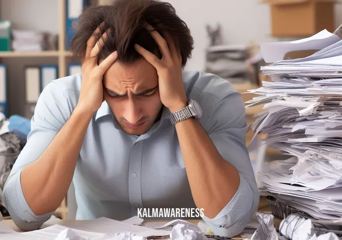 taking to heart _ Image: A cluttered and disorganized desk, papers scattered, and a stressed-looking person with their hands on their temples.Image description: A cluttered workspace, papers in disarray, and a person overwhelmed by chaos.