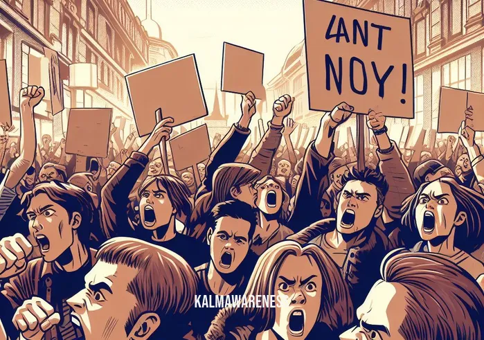 fury vs anguish _ Image: A crowded protest in a city square, people holding signs and shouting angrily.Image description: A sea of furious protesters, their faces contorted in anger, as they demand change.