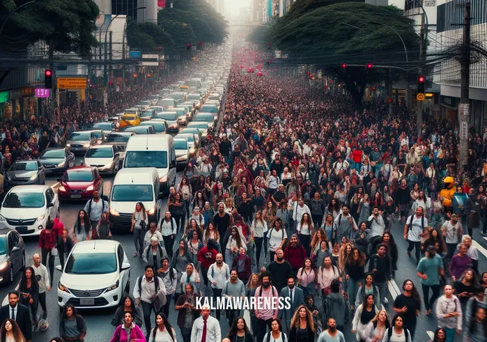 meditation for a calm heart _ Image: A busy city street filled with rushing commuters, honking cars, and stressed faces. Image description: The hustle and bustle of city life, where anxiety prevails.