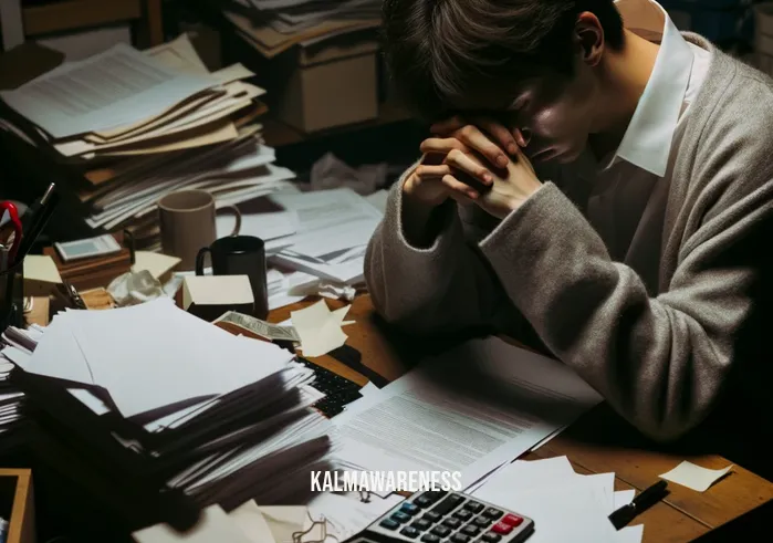 cultivating emotional balance _ Image: A person sits alone in a cluttered and chaotic room, looking overwhelmed and stressed.Image description: In a dimly lit room, a cluttered desk and scattered papers reflect the chaos within. A person sits hunched over, their face showing signs of stress and overwhelm.