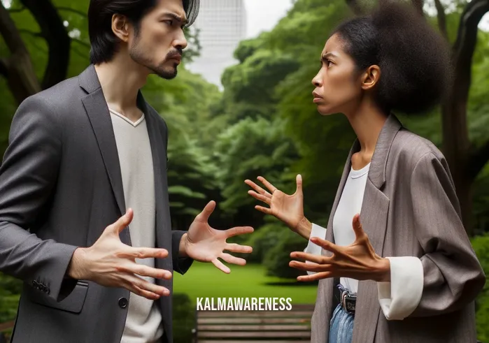 cultivating emotional balance _ Image: Two people engage in a heated argument in a park, gesturing passionately and not listening to each other.Image description: In a serene park setting, two individuals stand facing each other, their gestures and expressions filled with tension as they engage in a heated argument. They seem unable to listen or understand each other