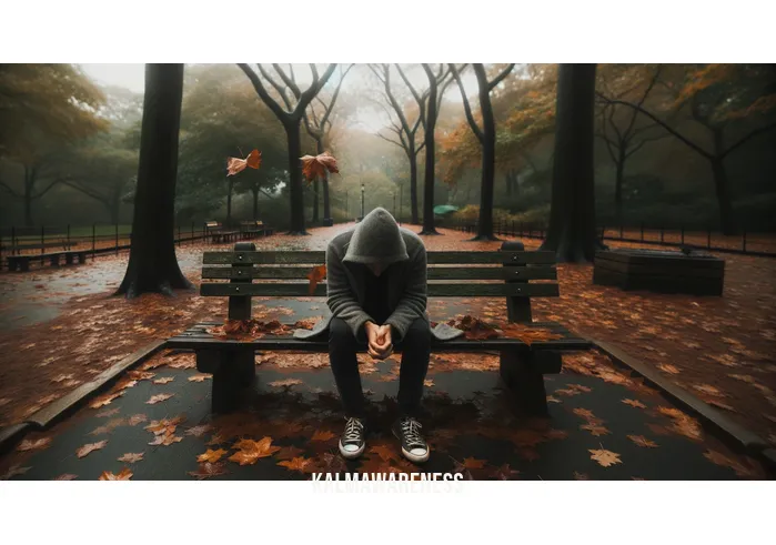 vulnerable heart _ Image: A person sitting alone on a park bench, head bowed in contemplation, surrounded by falling leaves, symbolizing vulnerability and solitude.Image description: A solitary figure, lost in thought, sits on a weathered wooden bench amidst the autumnal splendor of a park. Leaves cascade from the trees, painting a poignant picture of vulnerability.