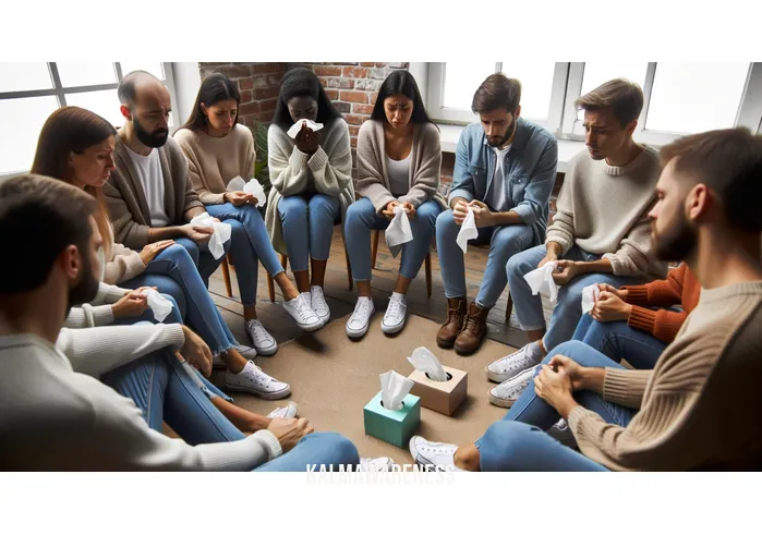 grief is just love with no place to go _ Image: A support group meeting, people sitting in a circle, tissues in hand, sharing their stories and tears as they console one another.Image description: In a circle of empathy, individuals in a support group gather, tissues at the ready, sharing stories and tears as they offer solace and understanding to one another.