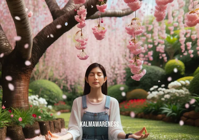 meditation joy _ Image: A tranquil garden with a person sitting cross-legged under a blossoming cherry tree, attempting to meditate.Image description: Amidst a serene garden, a person sits cross-legged beneath a blossoming cherry tree, eyes closed, attempting to find inner peace through meditation. The soft petals fall gently around them.