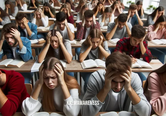 your joy _ Image: A classroom filled with students, all absorbed in their textbooks, appearing overwhelmed. Image description: A sea of students in a lecture hall, buried in their books, displaying signs of stress.