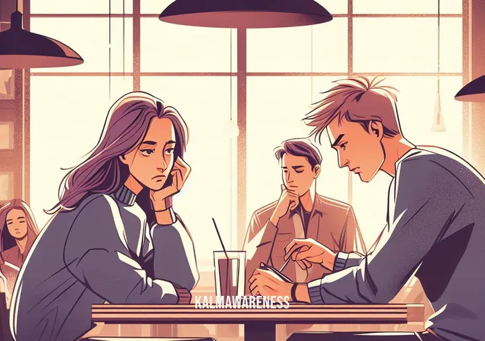 pictures of jealousy _ Image: A crowded coffee shop with a couple sitting at a table. The woman looks upset while her partner is engrossed in conversation with another person.