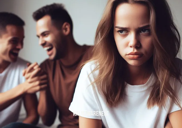 pictures of jealousy _ Image description: A young woman, visibly jealous, sits with her arms crossed, glaring at her partner who is laughing with a friend. The atmosphere is tense.