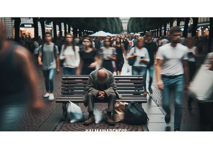 with every act of love _ Image: A homeless man sitting on a park bench, his face showing despair, while pedestrians walk by without acknowledging him. Image description: The homeless man