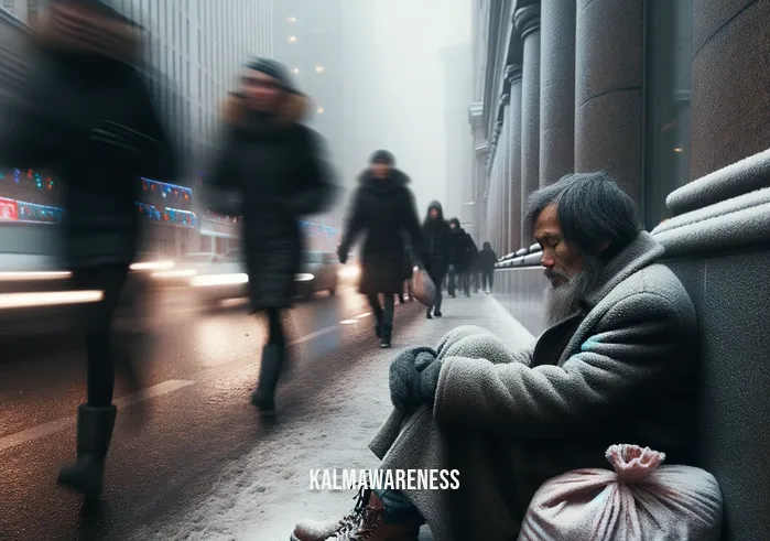 love everyone _ Image: A close-up of a homeless person sitting on a cold sidewalk, ignored by the hurried pedestrians. Image description: A homeless individual sits alone, ignored by the bustling crowd, highlighting the isolation they feel.