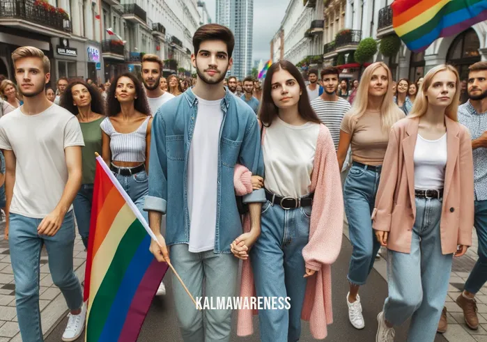 love is for everyone _ Image: A bustling city street filled with people from diverse backgrounds. Among them, a young couple, one holding a pride flag, while onlookers stare disapprovingly.Image description: A young couple, unapologetically in love, walks hand in hand amidst judgmental gazes and raised eyebrows.