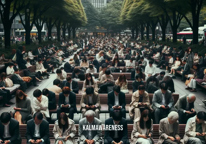 loving kindness affirmations _ Image: A crowded urban park with people sitting alone on benches, lost in their thoughts. Image description: A bustling city park filled with people, yet everyone appears distant and disconnected from each other, lost in their own world.