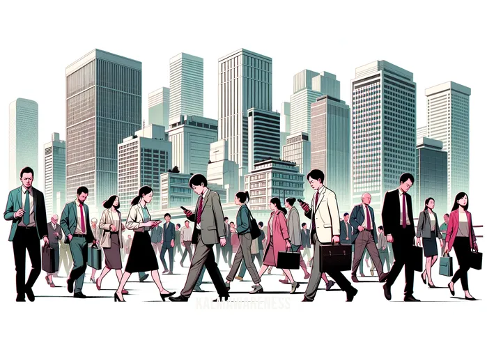 5 minute loving kindness meditation _ Image: A busy city street with people rushing past, looking stressed and disconnected. Image description: Pedestrians in a bustling city, absorbed in their own worries and concerns.