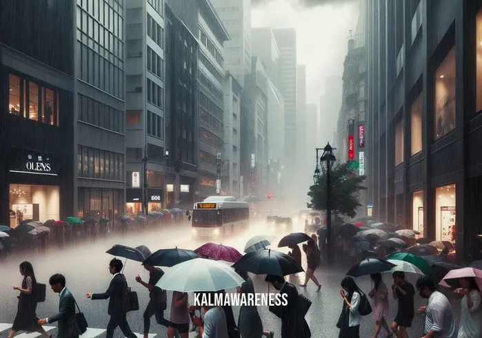 can you remember the rain _ Image: A dark, cloudy sky looming over a city street, rain pouring down heavily, people hastily taking cover under awnings and umbrellas.Image description: Pedestrians in a bustling urban setting, drenched by a sudden downpour, scurrying to find shelter from the relentless rain.