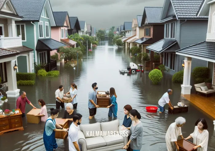 can you remember the rain _ Image: A flooded residential area, water pooling around houses, with concerned neighbors helping each other move belongings to higher ground.Image description: Local community members working together to mitigate the flood