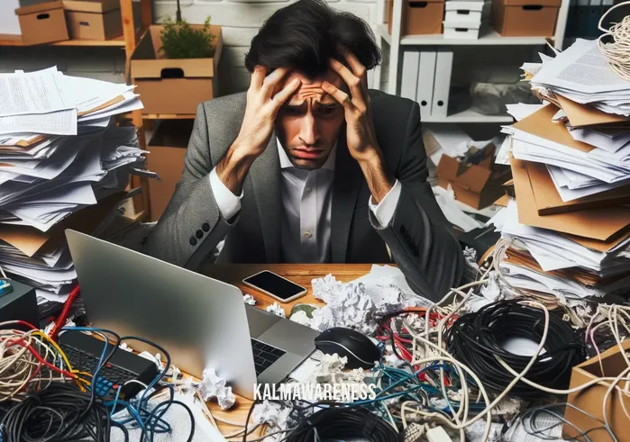 reclaim your brain _ Image: A cluttered desk with a disorganized pile of papers, tangled cords, and a stressed-looking person surrounded by distractions.Image description: A chaotic workspace with scattered documents, a jumble of wires, and a person appearing overwhelmed by the mess.