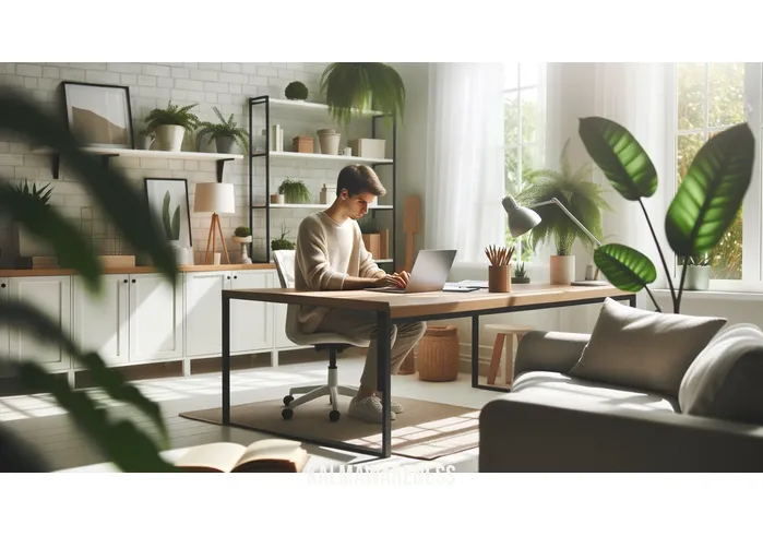 reclaim your brain _ Image: A serene and minimalist home office with a neatly organized desk, a laptop displaying a focused individual working, and a serene atmosphere with plants and natural light.Image description: A tranquil home workspace, featuring a tidy desk, a laptop showing someone engaged in work, and a calm ambiance with greenery and ample sunlight.
