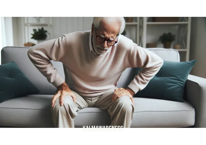 train your pain _ Image: A person sitting on a couch, clutching their lower back in pain. Image description: A man at home, wincing as he holds his lower back in discomfort.