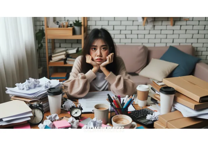 watering happy brain _ Image: A person sitting at a cluttered desk, looking stressed and overwhelmed. Image description: A cluttered desk with papers, empty coffee cups, and a stressed individual.