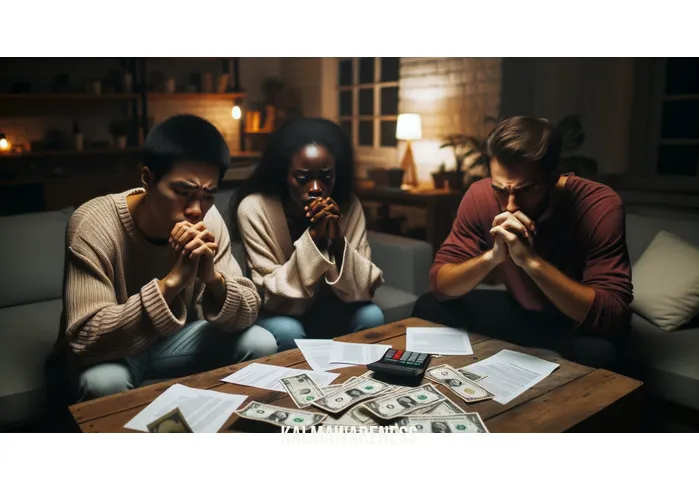 strong friends _ Image: A dimly lit living room, bills scattered on a table, a person looking stressed. Image description: Friends discussing financial struggles, brainstorming solutions, unity in adversity.