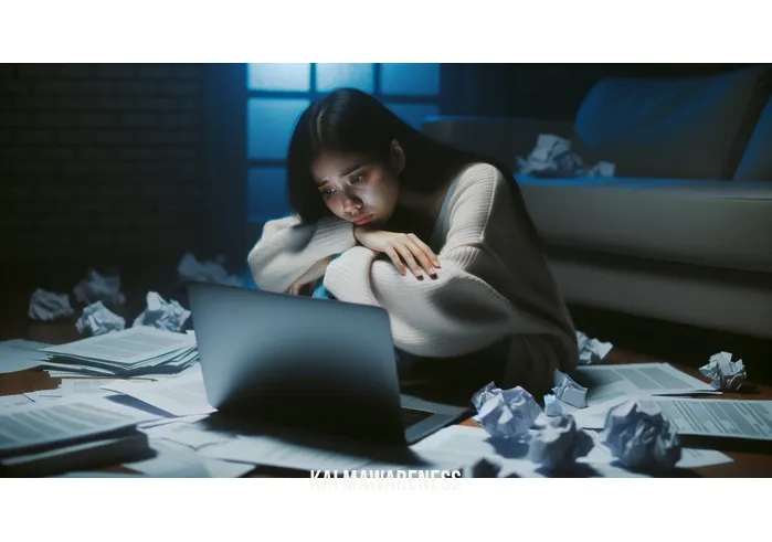 are you blue _ Image: A person sitting alone in a dimly lit room, surrounded by scattered papers and a laptop, looking stressed and overwhelmed.Image description: A solitary figure, bathed in the soft blue glow of a computer screen, furrows their brow in frustration as they grapple with a daunting workload.