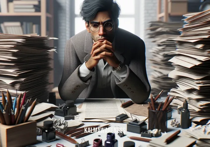 detachment from overthinking _ Image: A person sitting alone in a cluttered room, surrounded by scattered papers and a tangled web of thoughts.Image description: A person with a furrowed brow, sitting at a messy desk cluttered with notes, pens, and crumpled paper, lost in thought.