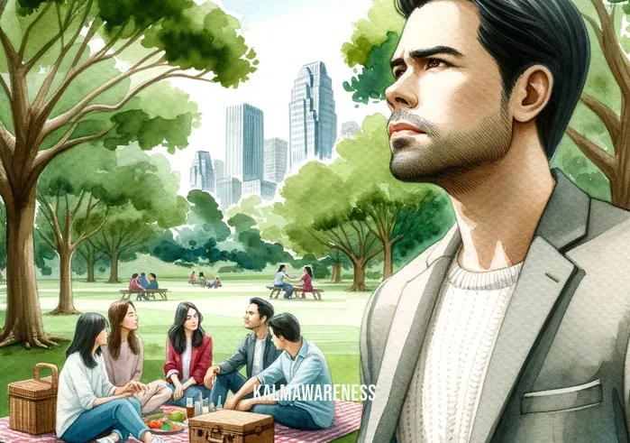 detachment from overthinking _ Image: A group of friends gathered in a park, one person looking distant and preoccupied while others chat and enjoy the sunshine.Image description: A park scene with friends sitting on a picnic blanket, laughing and conversing, while one friend appears lost in thought, gazing into the distance.
