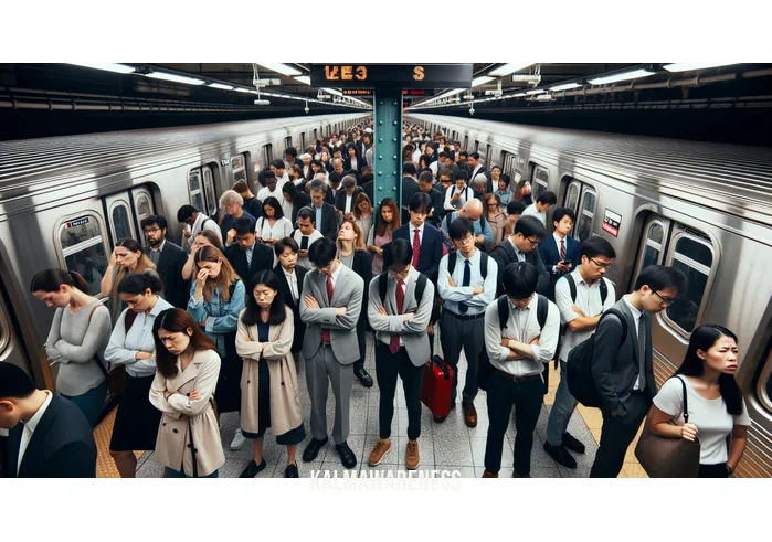 emotional rush _ Image: A crowded subway platform during rush hour. Image description: Commuters anxiously waiting for the delayed train, frustration evident on their faces.