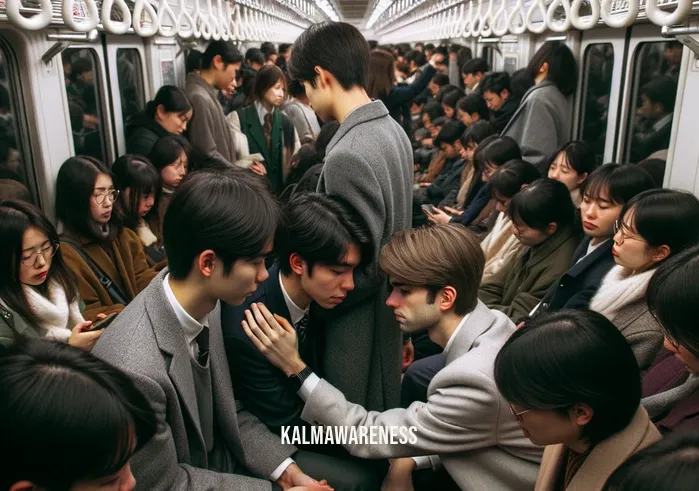 emotional rush _ Image: Inside the subway car, passengers are packed tightly. Image description: People share sympathetic glances, trying to comfort each other amidst the chaos.