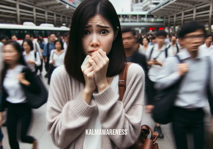 five senses anxiety trick _ Image: A person standing alone in a crowded city square, surrounded by bustling commuters, looking overwhelmed and anxious.Image description: A young woman, clutching her bag tightly, her eyes darting around nervously as the city chaos engulfs her.