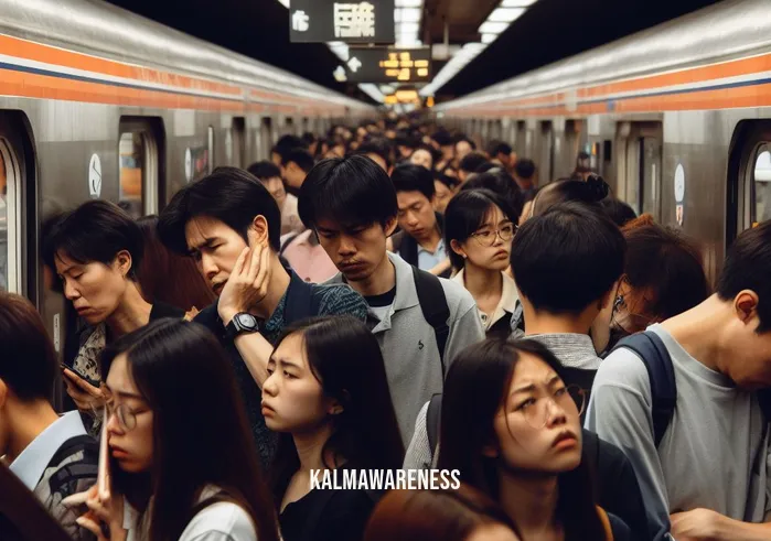 frequency for anxiety _ Image: A crowded subway platform during rush hour, people looking anxious and stressed. Image description: Commuters waiting for the train, tense expressions on their faces.