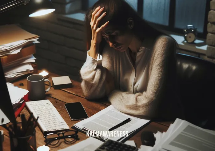 frequency to get rid of headaches _ Image: A woman sitting at a cluttered desk, holding her head in pain. Image description: A woman in a dimly lit room, surrounded by work papers and a computer, grimacing in pain as she suffers from a headache.