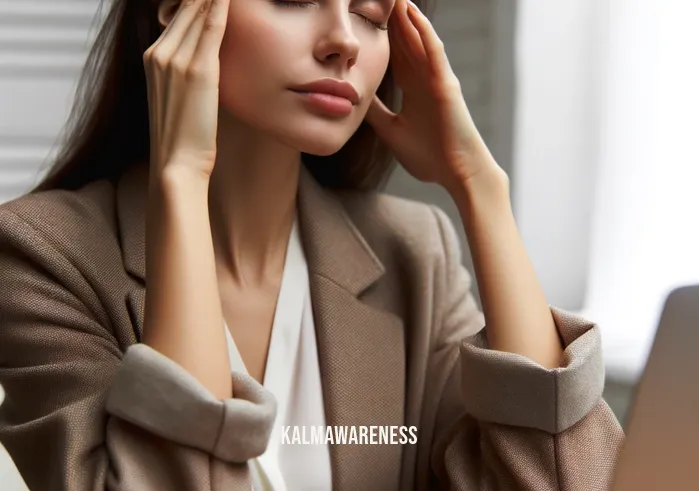 frequency to get rid of headaches _ Image: The same woman taking a break, closing her eyes and massaging her temples. Image description: The woman has closed her laptop and moved away from her desk, now sitting in a more relaxed posture, trying to relieve her headache through self-massage.