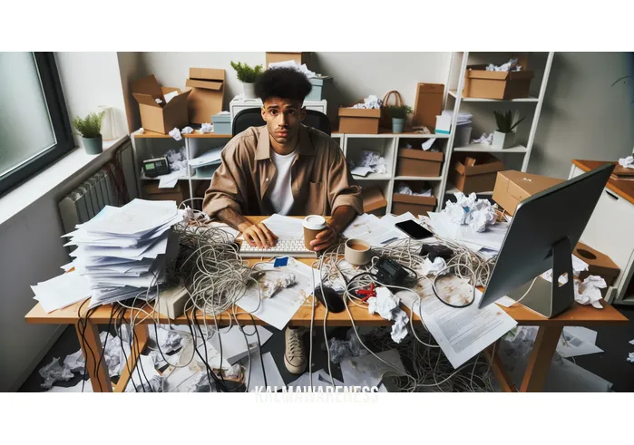 caught up definition _ Image: A cluttered office desk with tangled wires, a spilled coffee cup, and a stressed individual staring at their computer screen.Image description: A disorganized workspace symbolizing chaos and overwhelm, with papers strewn about, and a person looking frustrated.