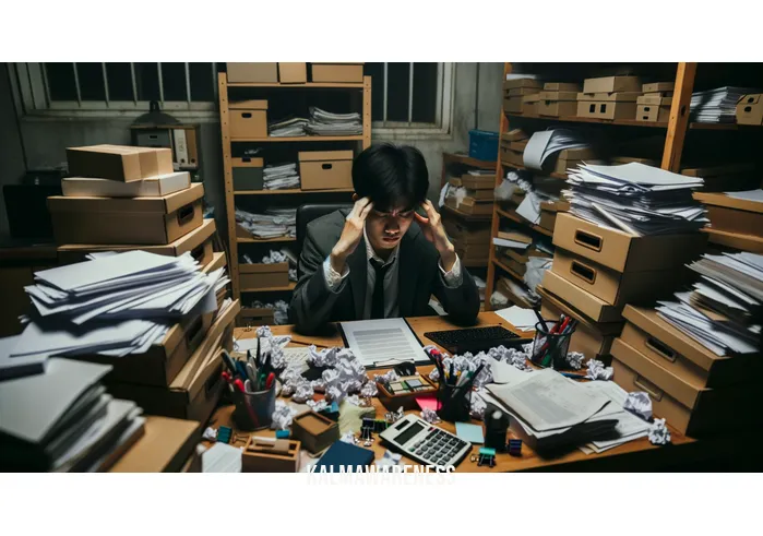 clear my head meaning _ Image: A cluttered desk with scattered papers, an overwhelmed person sitting in front of it, rubbing their temples in frustration.Image description: A cluttered desk filled with disorganized papers and stationery, bathed in the dim light of a messy office space.