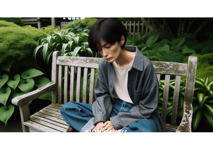 how to sit with uncomfortable feelings _ Image: A person sitting alone on a park bench, looking visibly distressed and overwhelmed by their thoughts.Image description: A person in casual attire, with a furrowed brow, sitting on a weathered wooden park bench. They gaze down at the ground, lost in thought, surrounded by lush greenery.