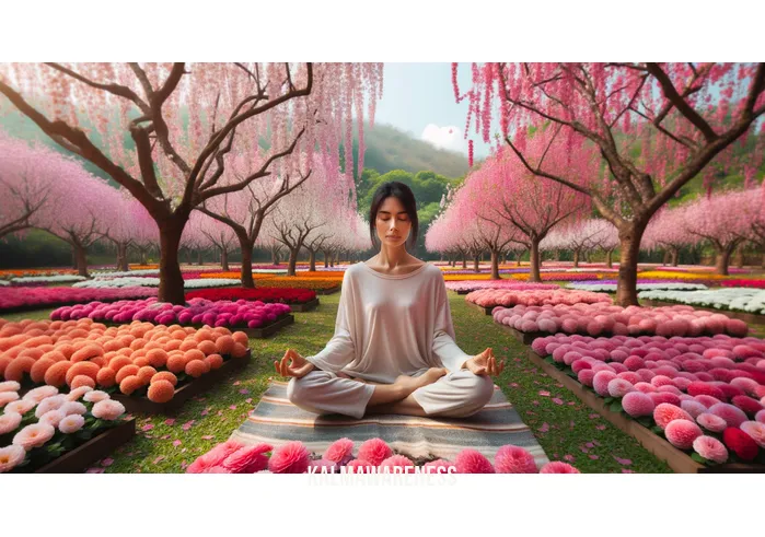 mindful looking _ Image: A serene park with vibrant flowers in bloom, a person sitting cross-legged on a blanket, their eyes closed in meditation.Image description: Amidst nature