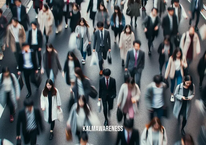 mindful looking _ Image: A bustling city street during rush hour, pedestrians hurrying past each other, faces obscured by indifference.Image description: In the midst of urban chaos, people pass each other in a hurried blur, seemingly disconnected from their surroundings.