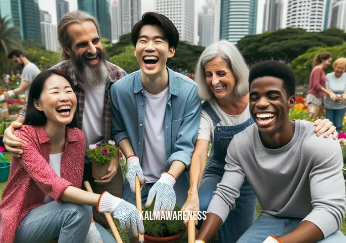 mindful looking _ Image: A city park with diverse people engaged in a communal gardening project, smiling and interacting.Image description: Through shared gardening, the community comes together, fostering connections and a sense of mindfulness in the heart of the city.