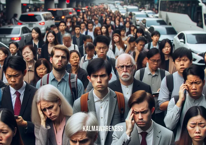 seat of emotions _ Image: A crowded city street during rush hour, people looking frustrated and stressed. Image description: Commuters in a bustling city, overwhelmed by the chaos, their faces showing signs of stress and irritation.