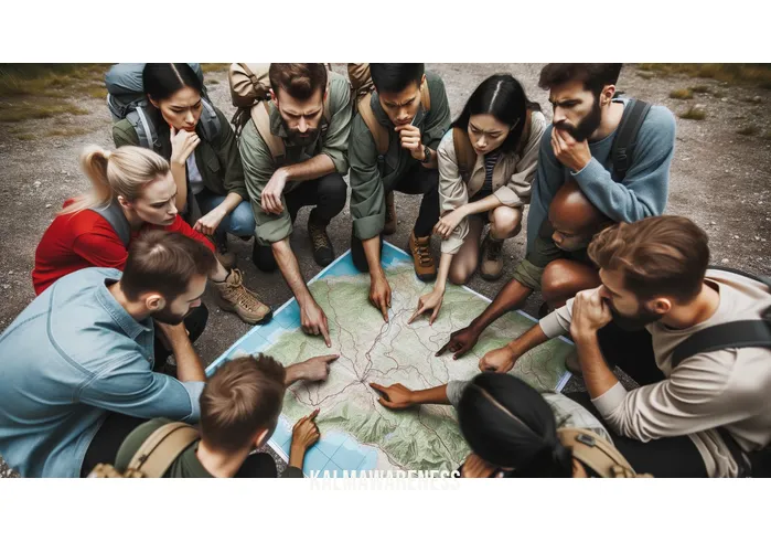 grounded difficulty _ Image: A group of hikers gathered around a topographic map, engaged in a heated discussion.Image description: Hikers huddle together, examining a map with furrowed brows, trying to figure out the best route through the challenging terrain.